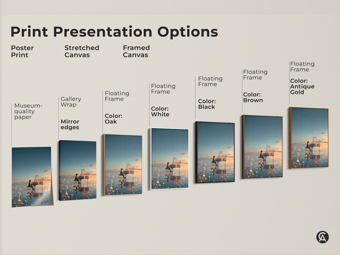 Explore various print presentation options for this piano artwork. Choose from poster stretched canvas or framed canvas. Select the perfect style to complement your space museum-quality paper gallery wrap and floating frames available.