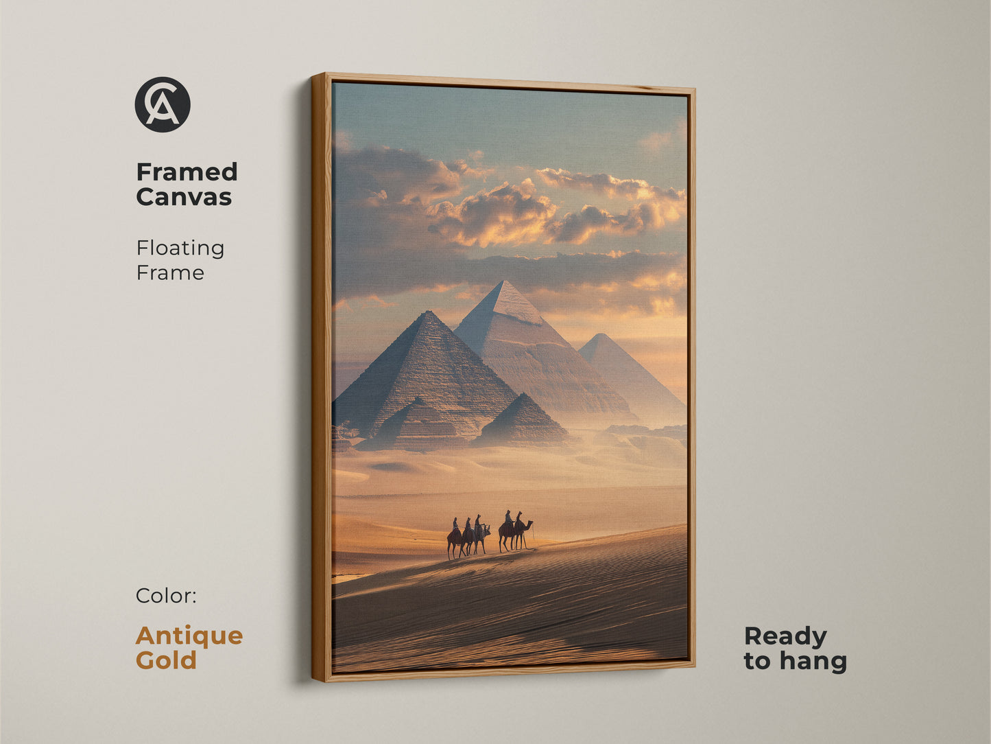This framed canvas displays the Egyptian pyramids. A camel caravan moves across the desert. The floating frame has an antique gold finish. This sandy yellow and teal artwork is a captivating addition. It is ready to hang. This ancient Egypt artwork makes a unique gift.