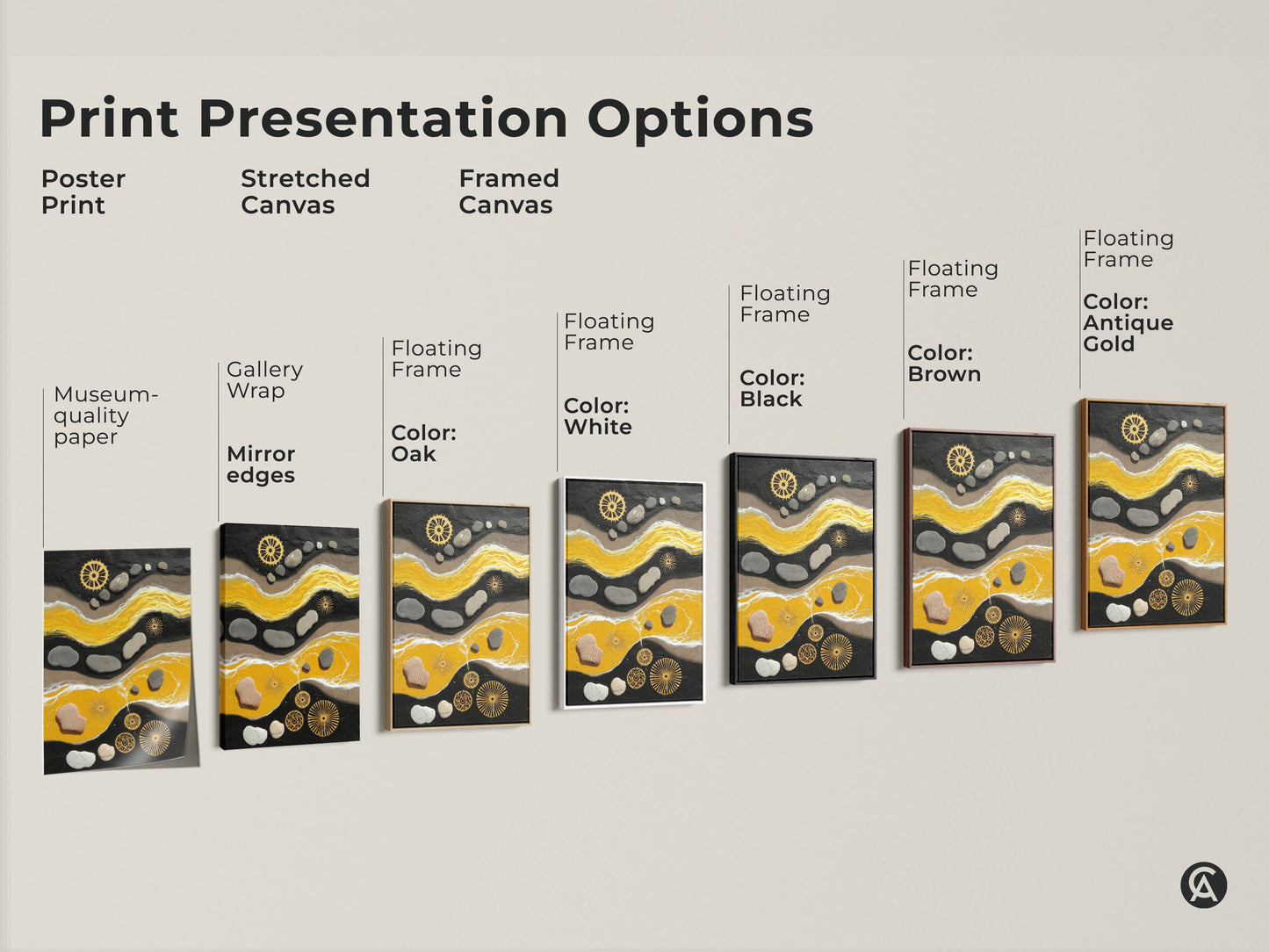 Print presentation options for yellow and black abstract artwork. Choose from poster stretched or framed canvas with various frame colors. Pebble and gear art enhances any space.