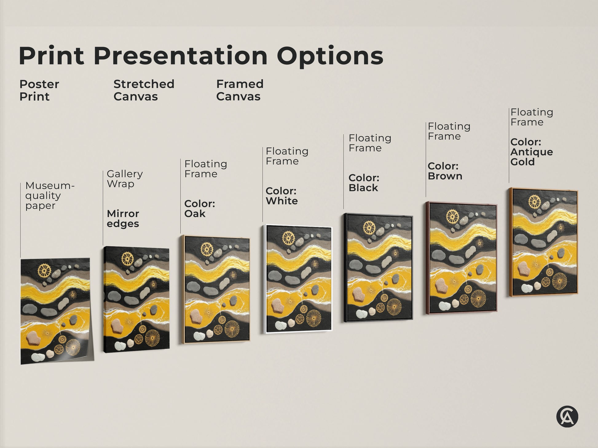 Print presentation options for yellow and black abstract artwork. Choose from poster stretched or framed canvas with various frame colors. Pebble and gear art enhances any space.