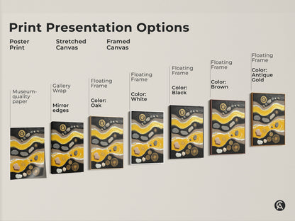 Print presentation options for yellow and black abstract artwork. Choose from poster stretched or framed canvas with various frame colors. Pebble and gear art enhances any space.