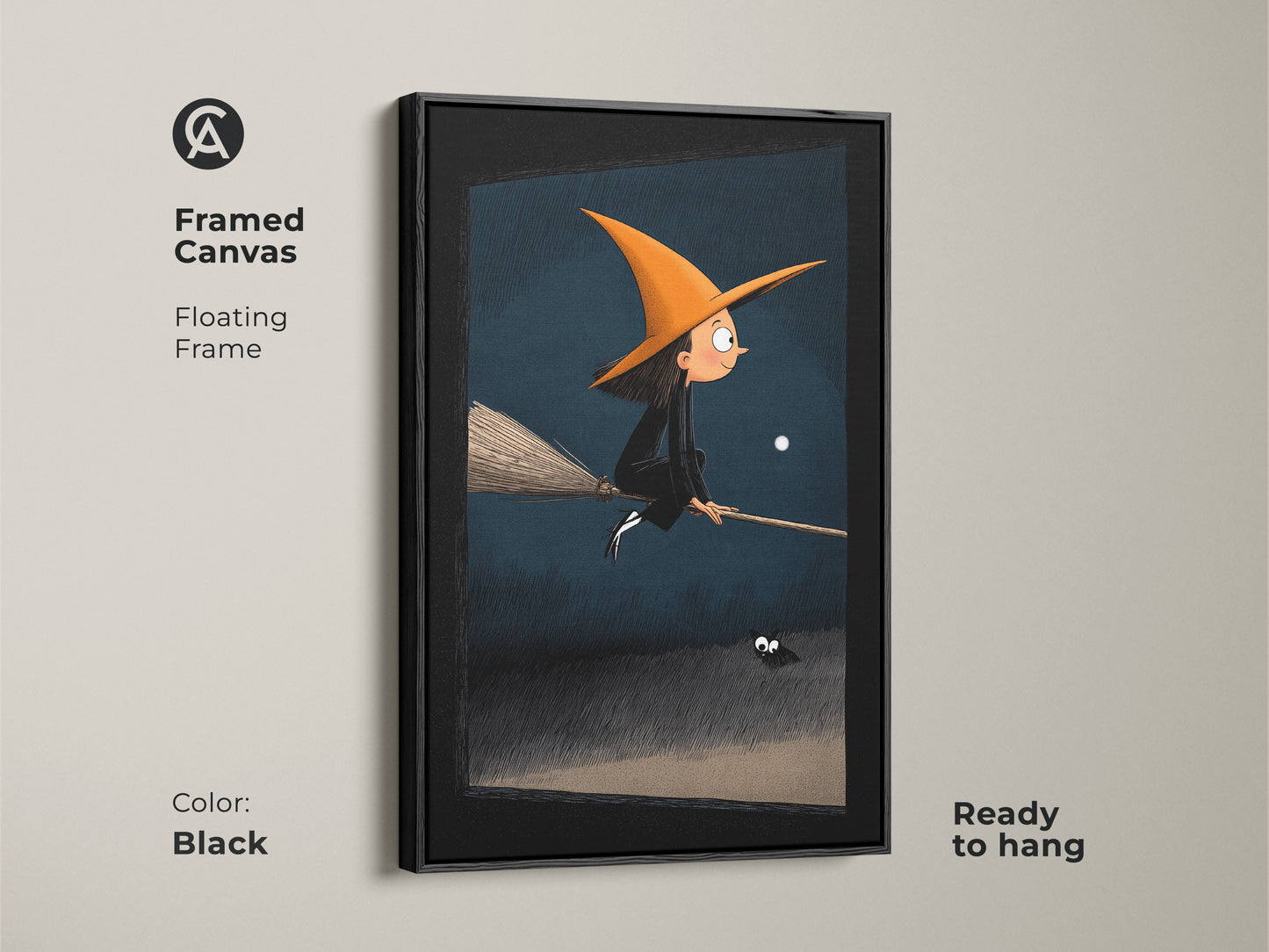 Framed Canvas featuring Halloween witch art. A floating frame in black enhances the whimsical fantasy artwork. It depicts a young witch spider and moonlit sky. The piece is ready to hang and adds magic to any room. Ideal for art for spooky room and unique Halloween art for kids room.