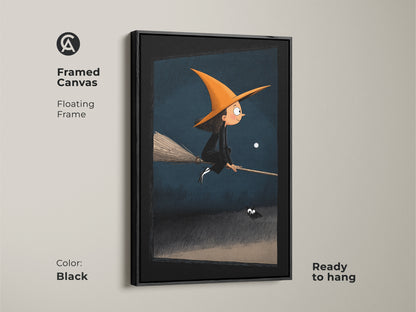 Framed Canvas featuring Halloween witch art. A floating frame in black enhances the whimsical fantasy artwork. It depicts a young witch spider and moonlit sky. The piece is ready to hang and adds magic to any room. Ideal for art for spooky room and unique Halloween art for kids room.