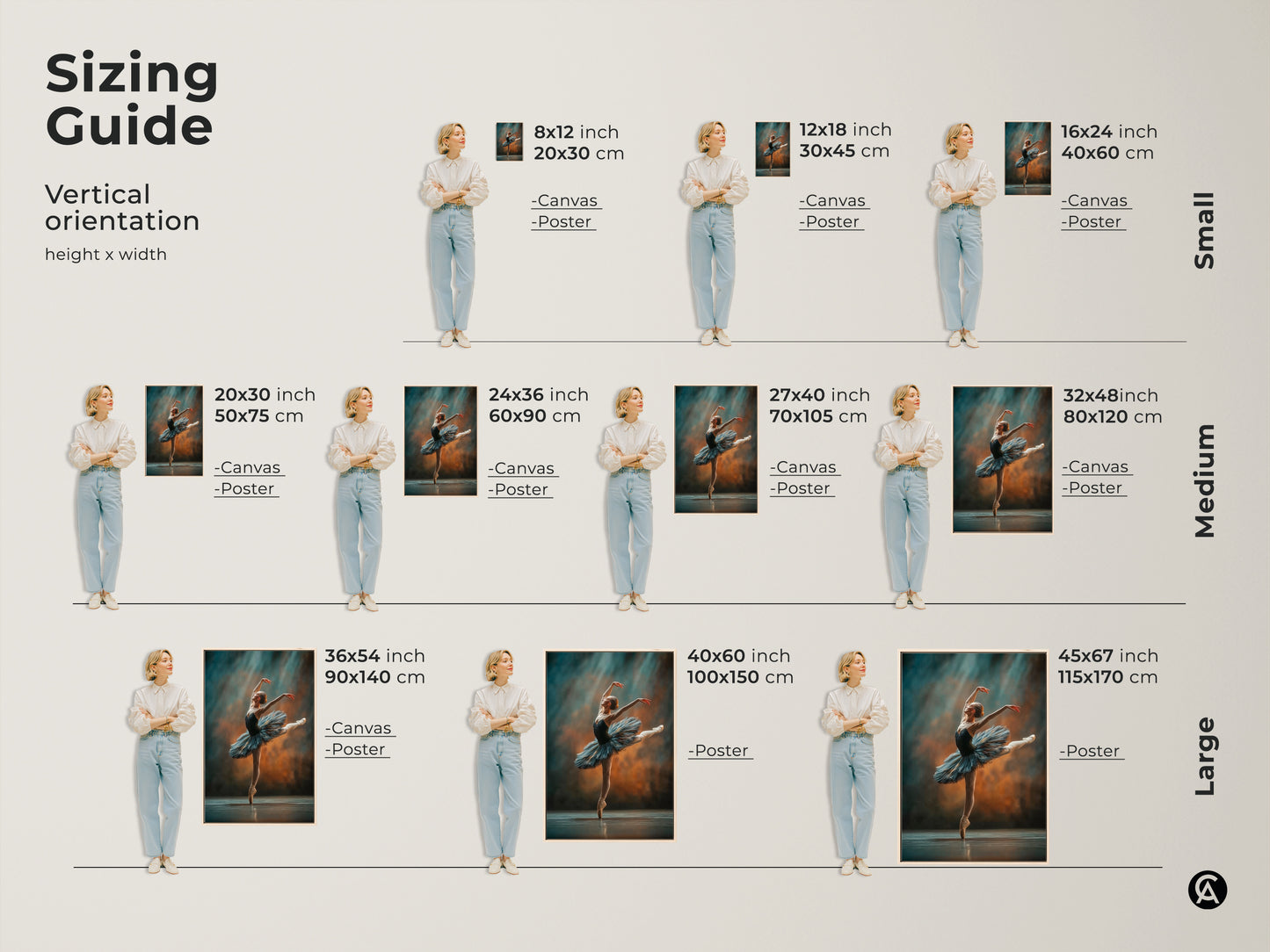 Sizing guide for vertical ballerina art. Available in small medium and large sizes. See how the artwork looks in different dimensions. Both canvas and poster options are shown. The artwork features a ballerina en pointe in a blue tutu. Perfect for any space.