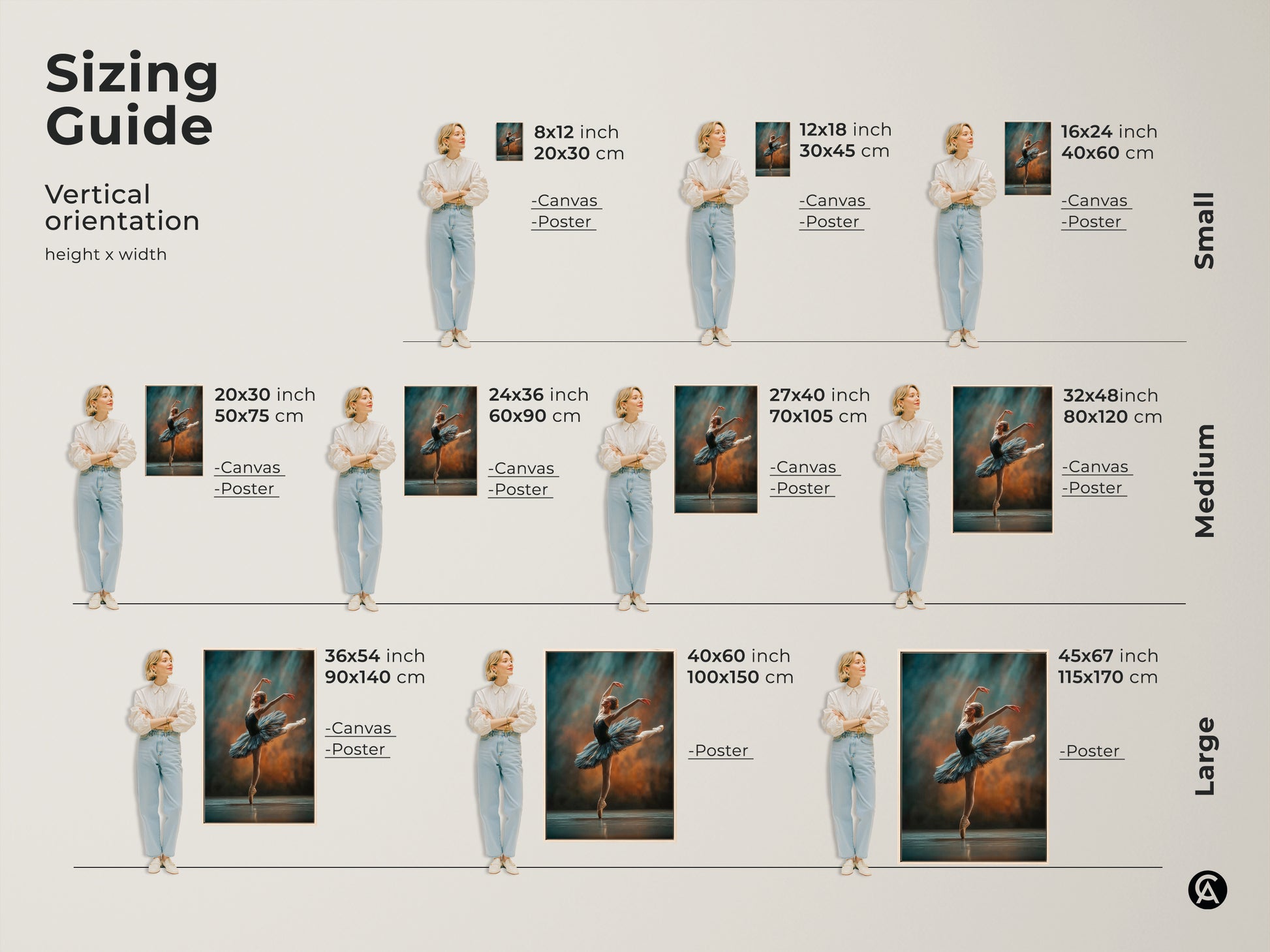 Sizing guide for vertical ballerina art. Available in small medium and large sizes. See how the artwork looks in different dimensions. Both canvas and poster options are shown. The artwork features a ballerina en pointe in a blue tutu. Perfect for any space.
