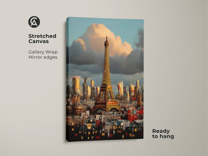 Stretched canvas print of the Eiffel Tower in Paris. A gallery wrapped Impressionist cityscape with mirror edges. Ready to hang and showcases the blue and orange hues of this artwork.