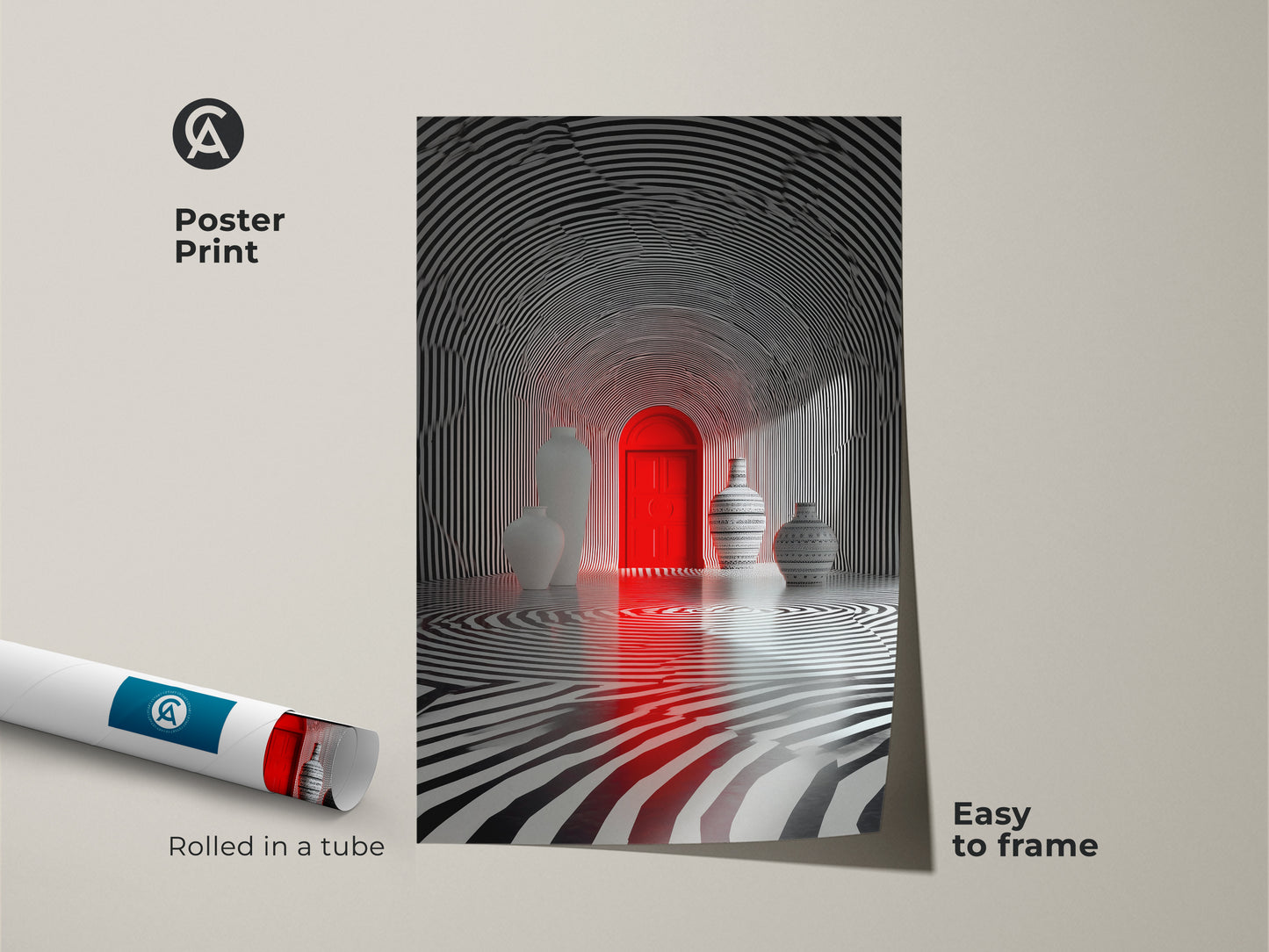 Poster print featuring a red door at the end of tunnel. The black and white zebra stripe tunnel creates an optical illusion. This museum-quality paper print is easy to frame. Perfect for art lovers.