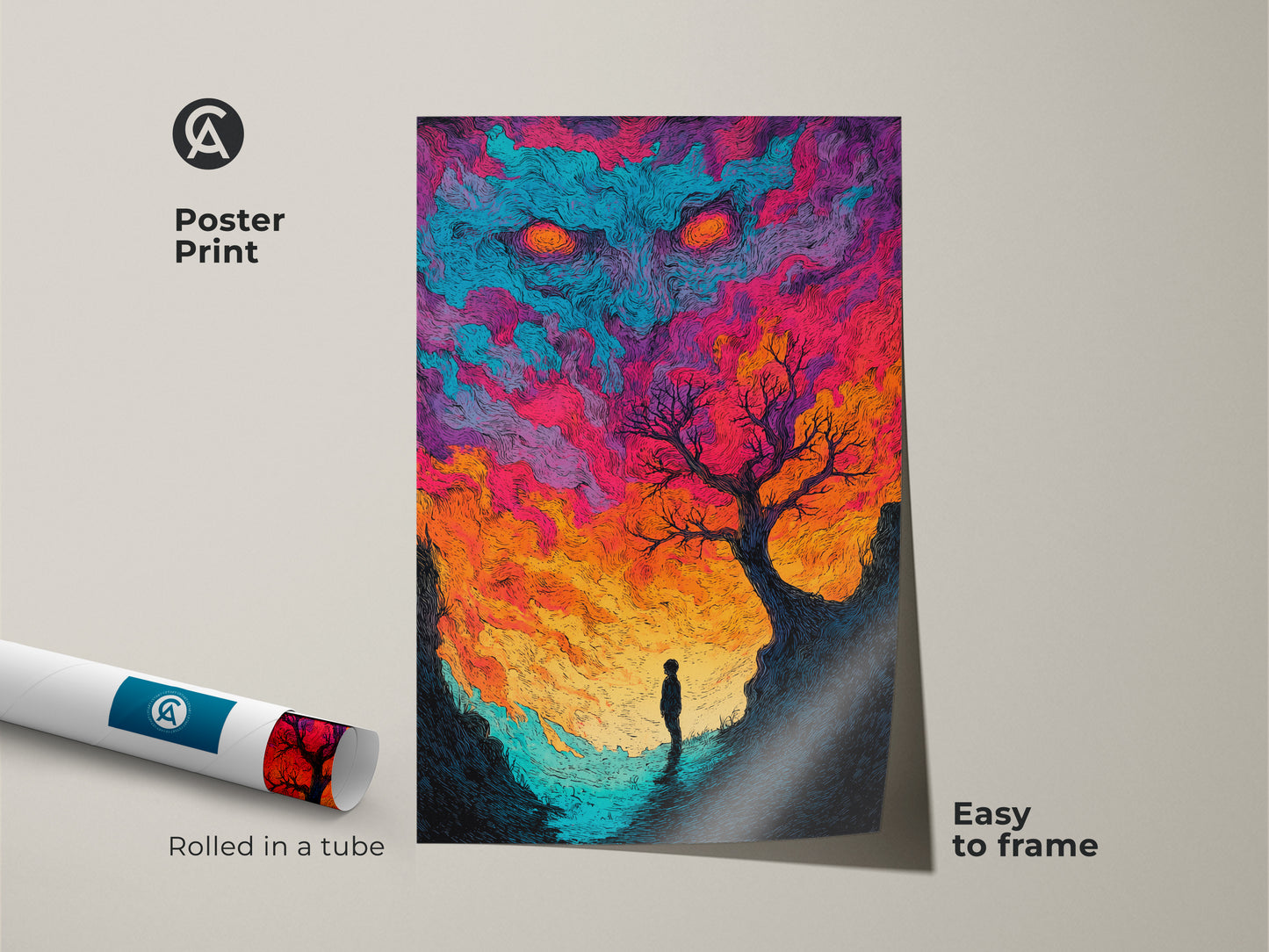 A poster print displays captivating artwork. The art shows a lone figure under a sky monster. Rolled in a tube for protection the print is easy to frame. Add a unique and surreal touch to your living space with this poster. The colors pop in any setting.