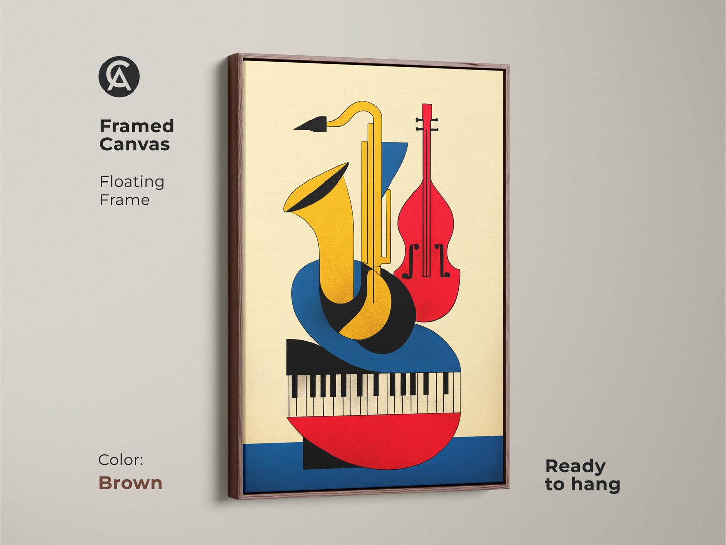A framed canvas with a floating frame showing a Bauhaus style geometric saxophone violin and piano. This mid century modern abstract music artwork with a brown frame creates a warm retro atmosphere. Ready to hang.