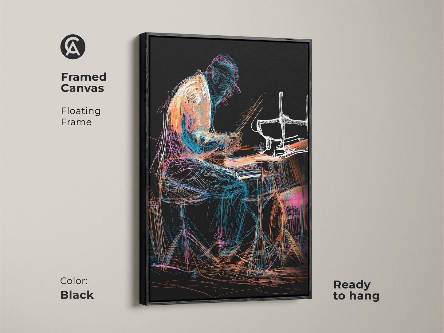 Framed canvas art featuring an abstract drummer. The black floating frame accentuates the line art musician print. Ready to hang eclectic drum set canvas. Orange blue teal artwork adds a vibrant splash to your studio office wall.