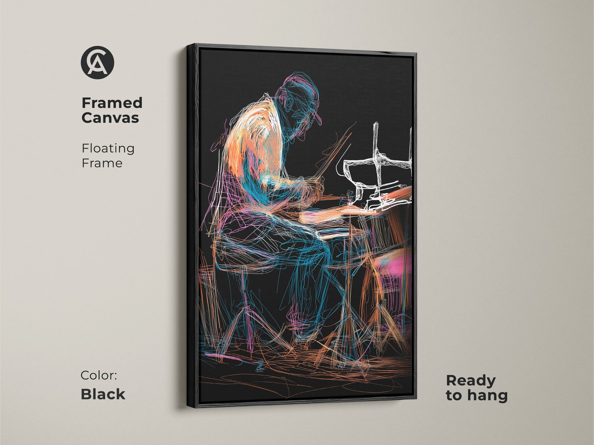 Framed canvas art featuring an abstract drummer. The black floating frame accentuates the line art musician print. Ready to hang eclectic drum set canvas. Orange blue teal artwork adds a vibrant splash to your studio office wall.