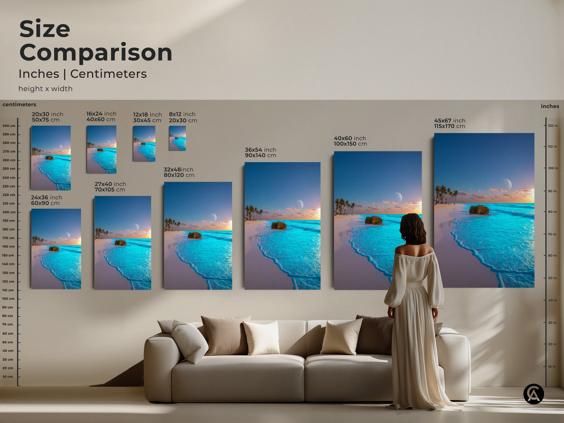 Size Comparison of Tropical Beach artwork. This Ocean Landscape Wall Art Print features palm trees and a moon. Coastal Home Decor Art in Aqua Blue Teal. Various sizes to fit your space.