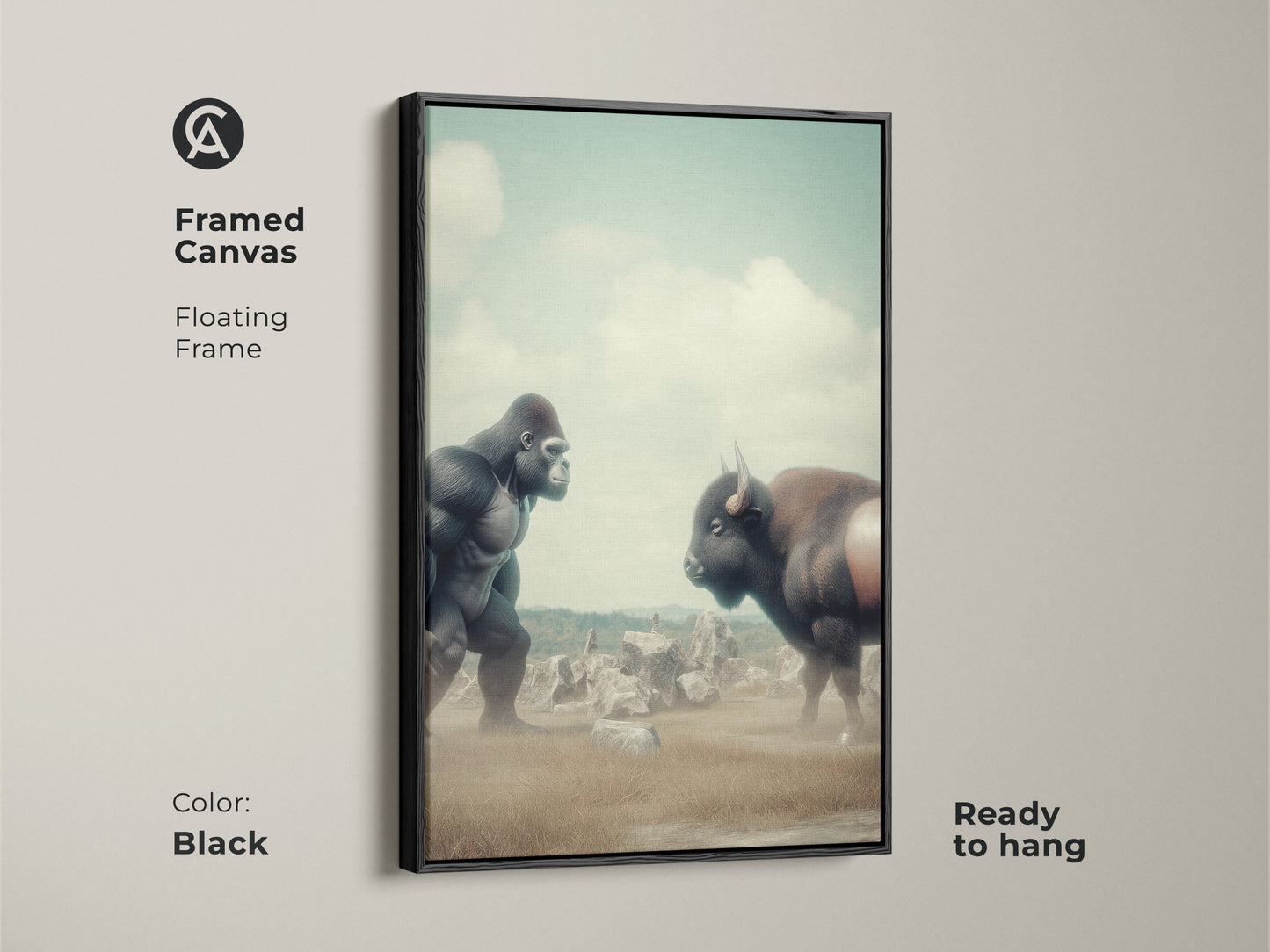 Framed canvas featuring a surreal Gorilla vs Bison digital art print. The floating frame is black. Muted greens and earthy tones create an eclectic aesthetic. Ready to hang for office or home decor. A unique wildlife print.