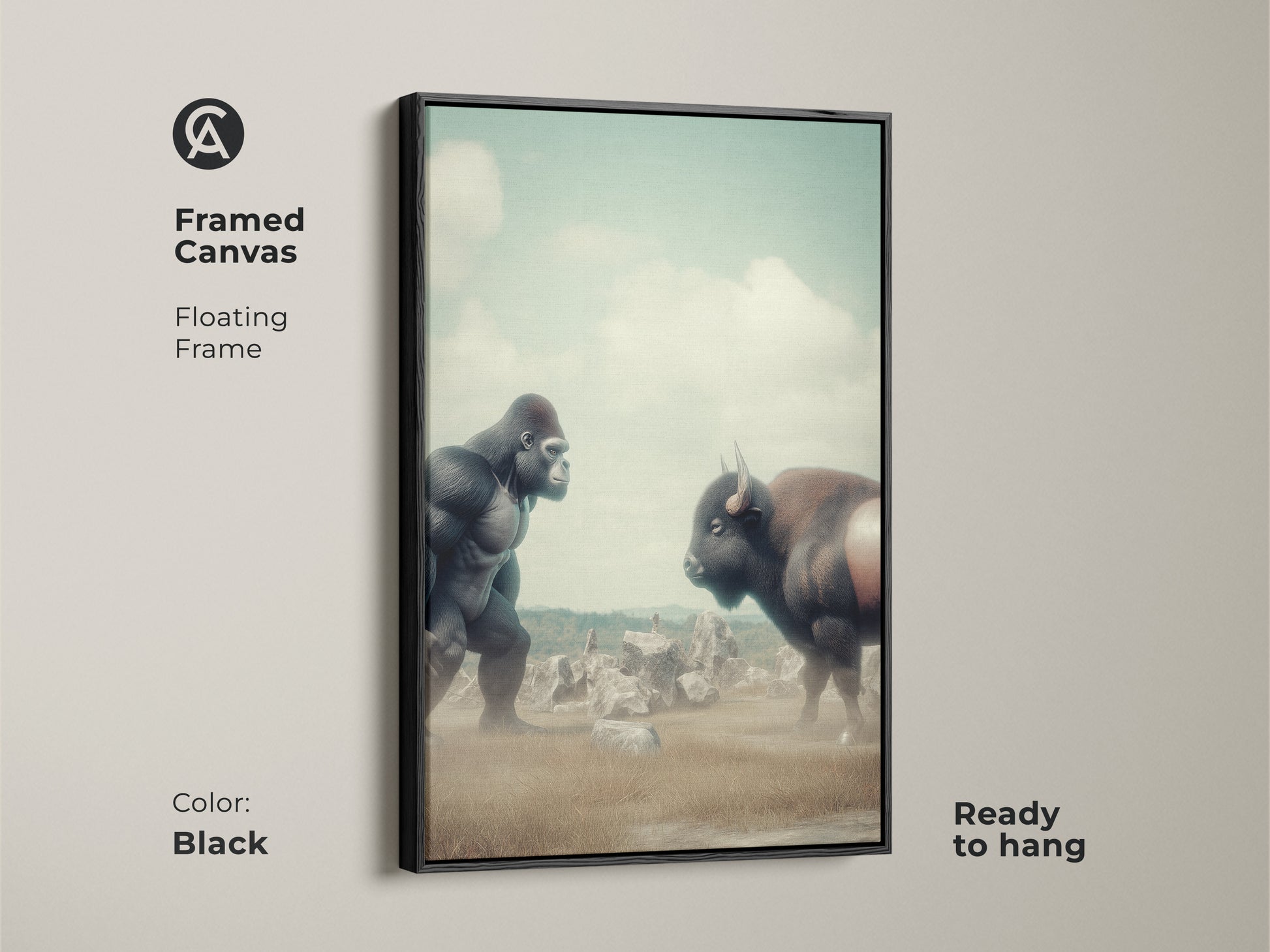 Framed canvas featuring a surreal Gorilla vs Bison digital art print. The floating frame is black. Muted greens and earthy tones create an eclectic aesthetic. Ready to hang for office or home decor. A unique wildlife print.
