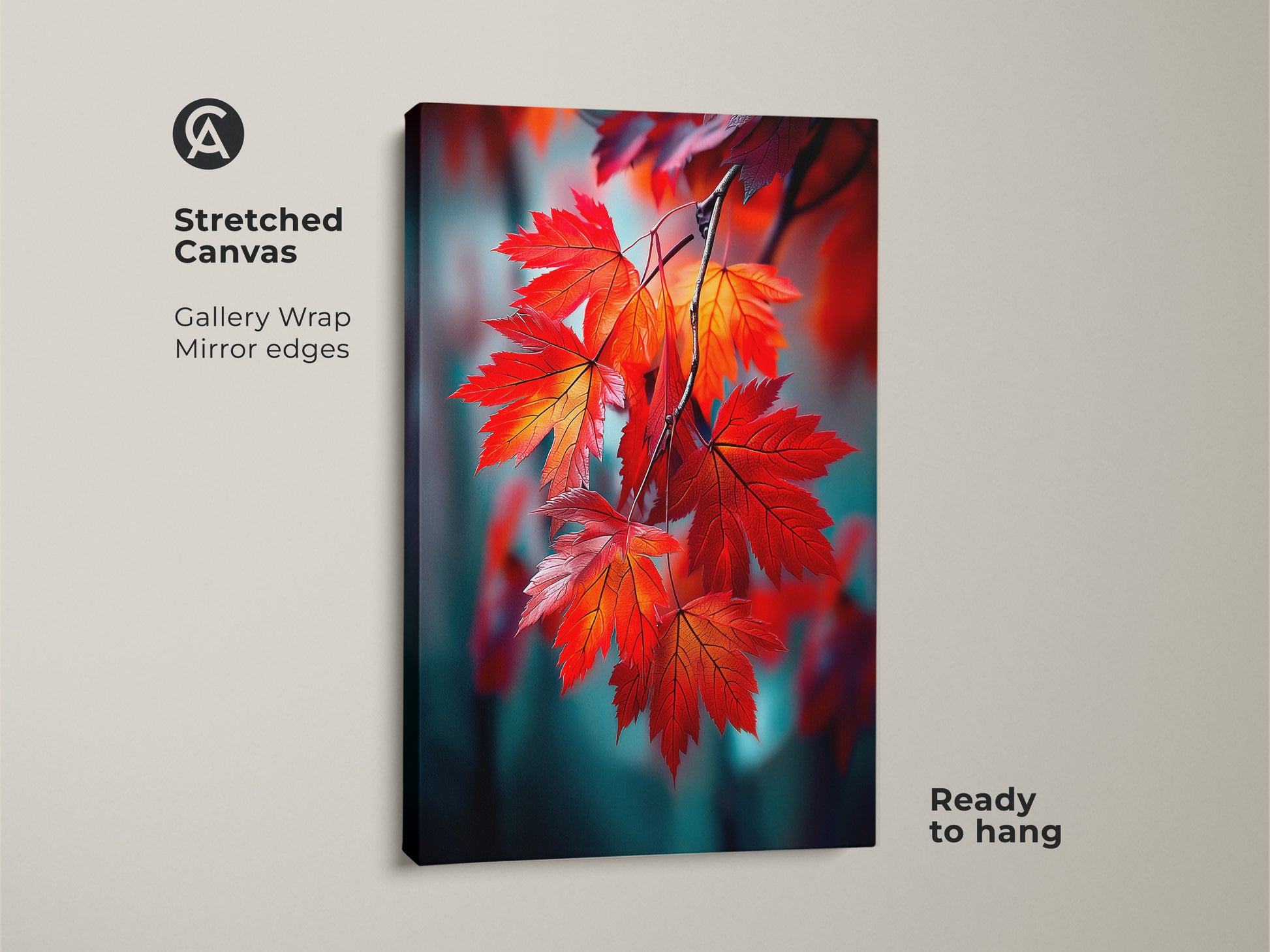 Stretched canvas art print showcasing red maple leaves. This gallery-wrapped canvas features mirrored edges. The artwork is ready to hang adding a touch of nature to your walls. The canvas art is a great choice.
