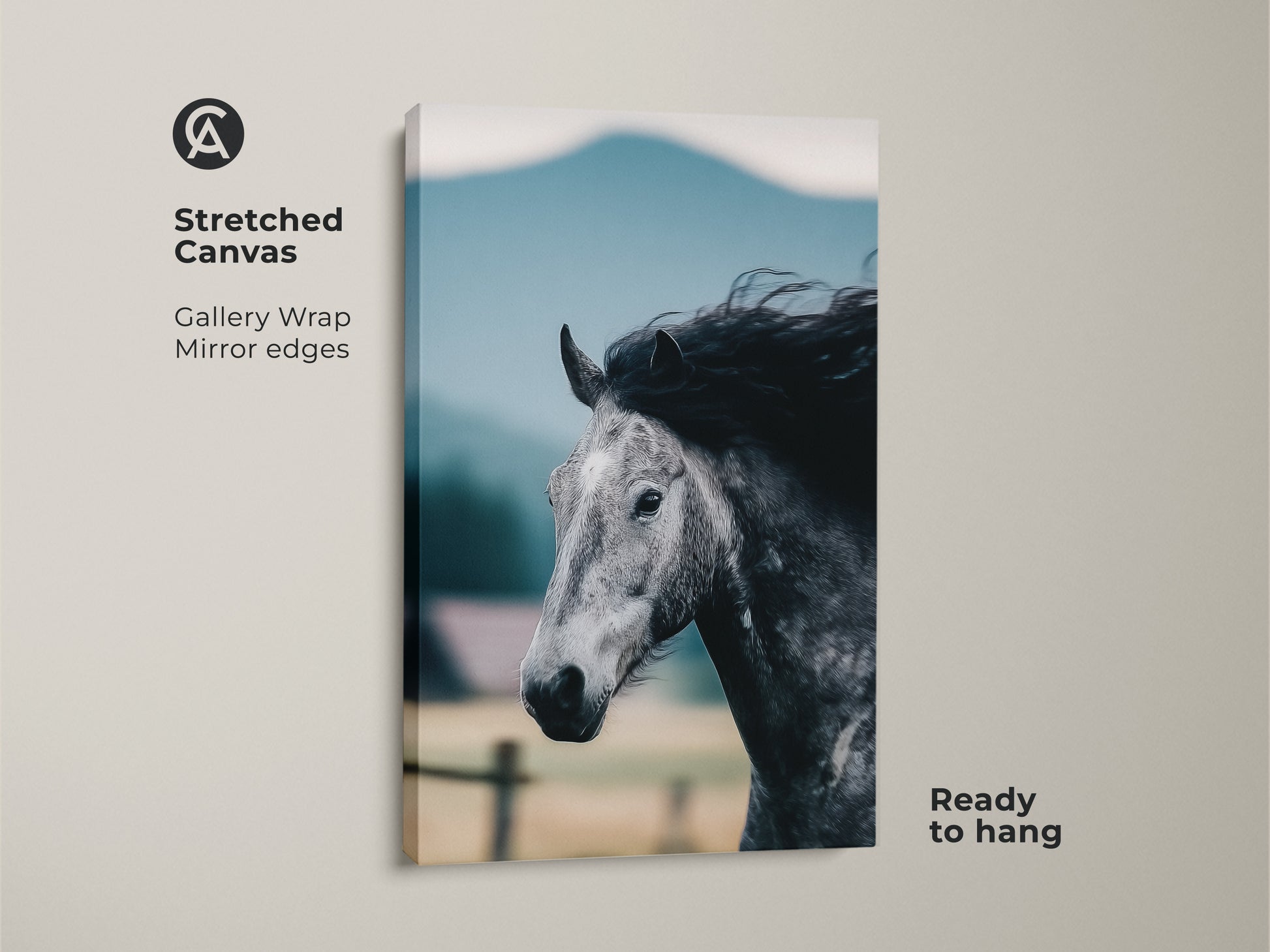 A stretched canvas displays a monochrome horse print. This equestrian wall decor features gallery wrapped mirror edges. Ready to hang this rustic horse painting brings equine elegance to any space.