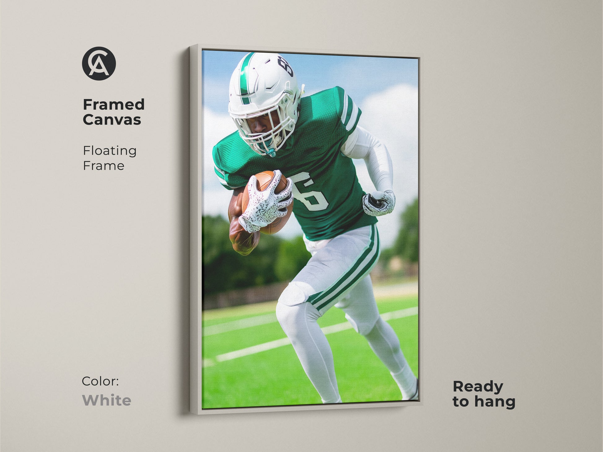 Framed in white this American Football Canvas offers a floating frame. The Green and White artwork is ready to hang. Perfect as man cave wall art or office sports decor. It's a great gift for any football fan.