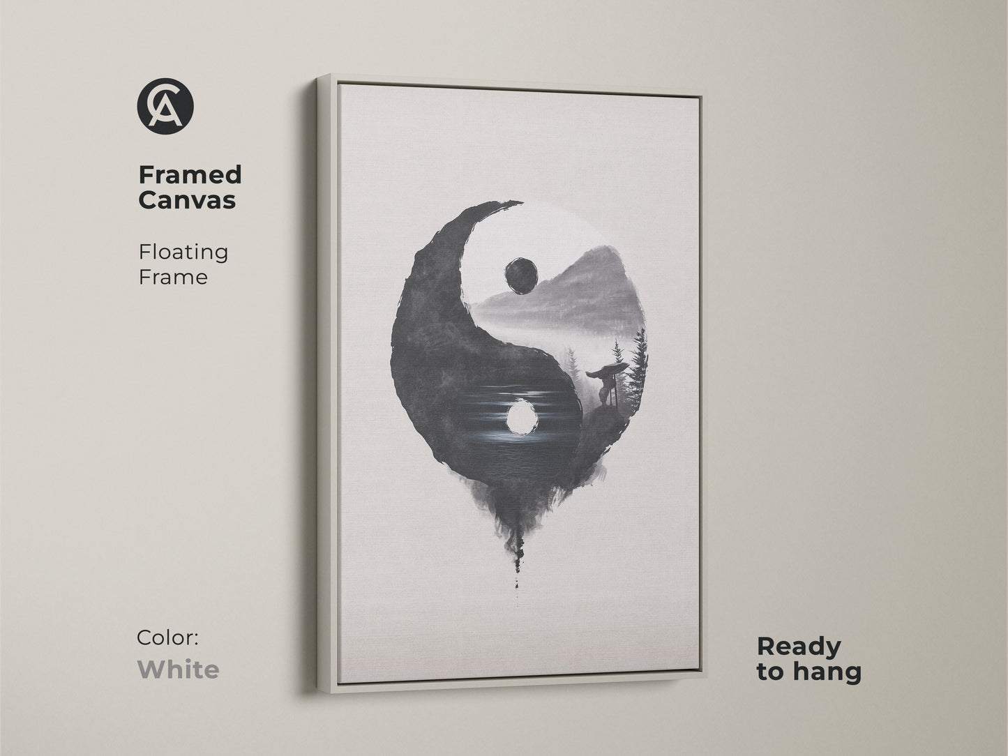 Framed Canvas in white displays Yin Yang Wolf art. The floating frame is ready to hang. Minimalist ink wash print adds balance. Black white nature art offers contemplation. Perfect as a housewarming gift.