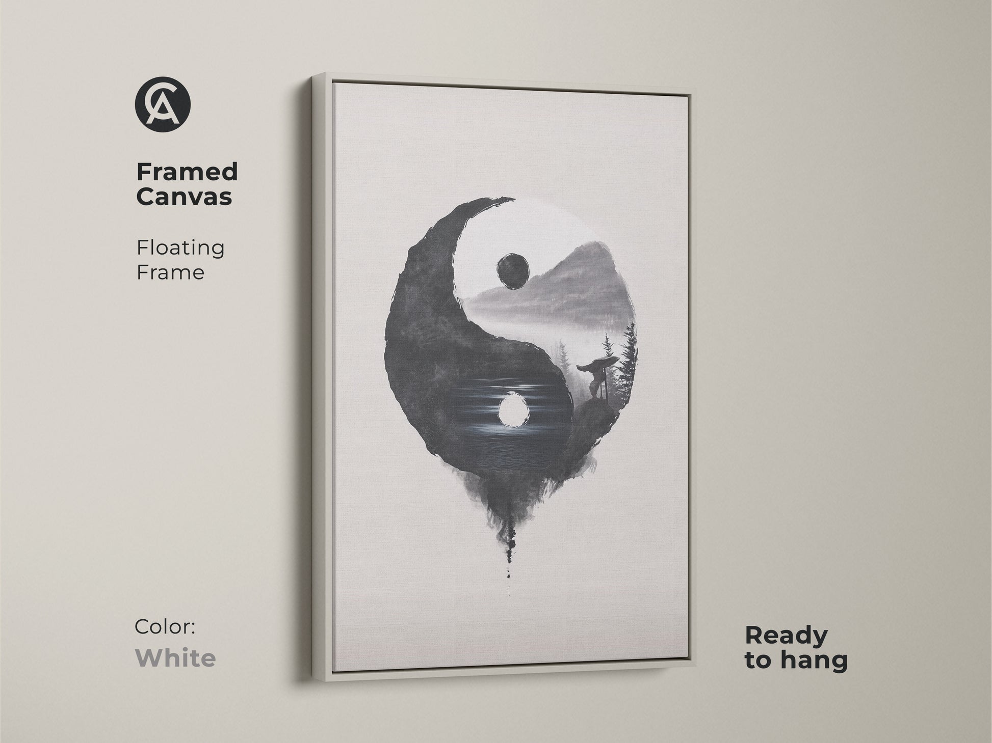 Framed Canvas in white displays Yin Yang Wolf art. The floating frame is ready to hang. Minimalist ink wash print adds balance. Black white nature art offers contemplation. Perfect as a housewarming gift.