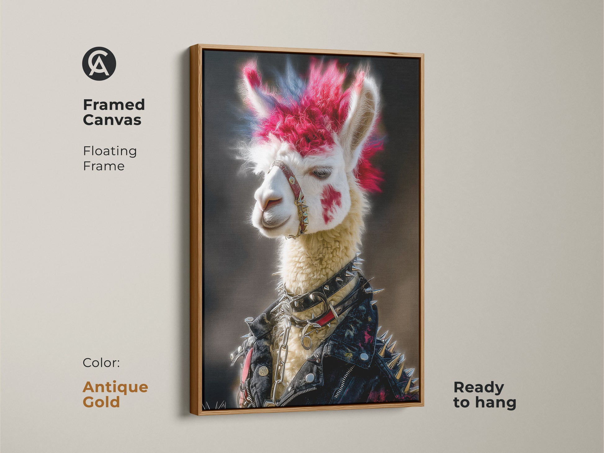 This Framed canvas artwork features a Punk Rocker Llama with a floating frame in Antique Gold. This animal art has a pink and blue mohawk. A studded leather jacket adds an alternative touch to any room. It is ready to hang.