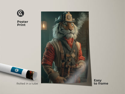 A poster print of a steampunk tiger in a firefighter hat. The anthropomorphic artwork features a tiger dressed in vintage attire. Rolled in a tube it is easy to frame. This animal fantasy art adds a unique touch to office wall decor. This retro industrial decor makes a cool gift.