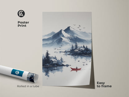 Poster print of an ink wash mountain lake scene with a red boat. This Scandinavian nature landscape art is rolled in a tube for easy framing. The blue and white colors create a calm aesthetic perfect for home decor. It's an artistic travel print for nature lovers.