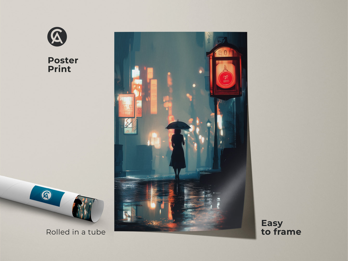 Poster print of urban nightlife. A woman with an umbrella walks by glowing neon signs. The atmospheric city scene is easy to frame. This moody street art print is rolled in a tube. Perfect for modern apartment decor.
