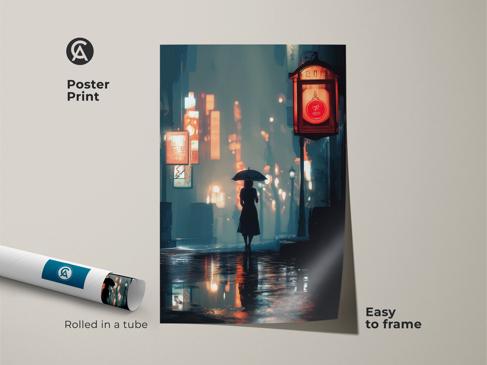 Poster print of urban nightlife. A woman with an umbrella walks by glowing neon signs. The atmospheric city scene is easy to frame. This moody street art print is rolled in a tube. Perfect for modern apartment decor.