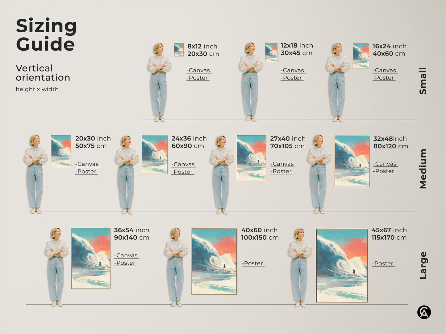 Sizing guide for surfing artwork. Vertical orientation options are shown. Sizes include small medium and large. Choose from canvas or poster prints. Find the perfect size to complement your space. Enhance your walls with surf art.