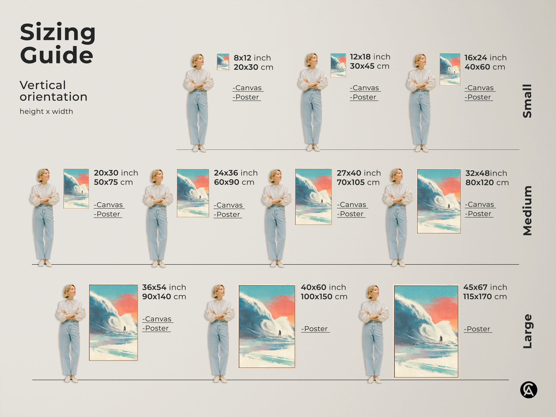 Sizing guide for surfing artwork. Vertical orientation options are shown. Sizes include small medium and large. Choose from canvas or poster prints. Find the perfect size to complement your space. Enhance your walls with surf art.