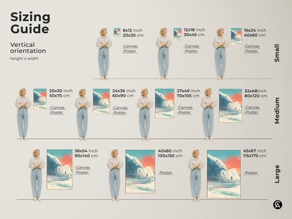 Sizing guide for surfing artwork. Vertical orientation options are shown. Sizes include small medium and large. Choose from canvas or poster prints. Find the perfect size to complement your space. Enhance your walls with surf art.
