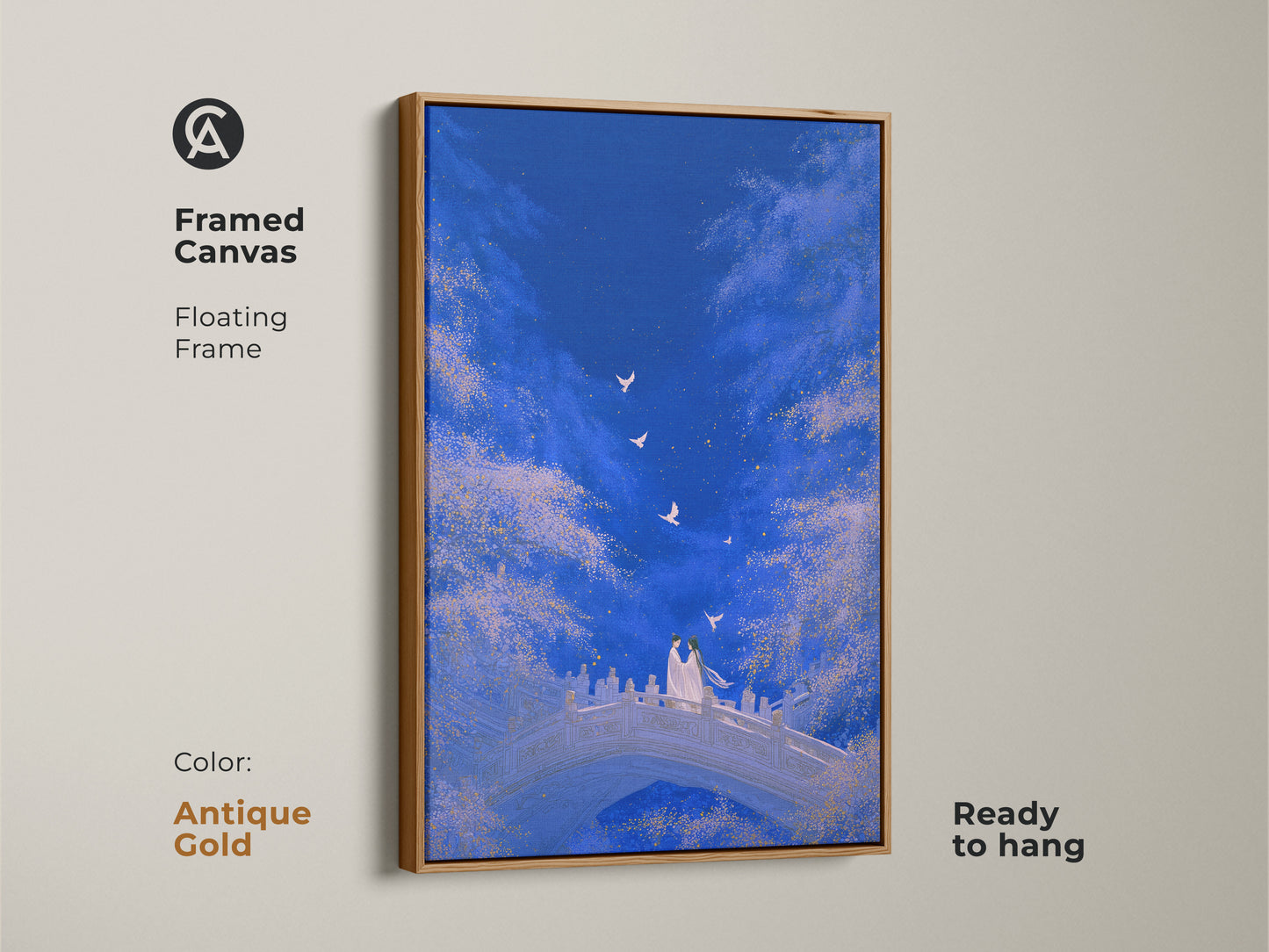 Framed canvas with a floating frame in antique gold. Displaying a romantic couple on a bridge. Ready to hang. Dreamy celestial sky decor in deep blue and gold tones. Perfect anniversary gift for couples.