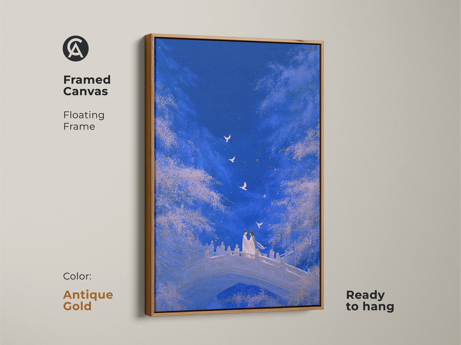 Framed canvas with a floating frame in antique gold. Displaying a romantic couple on a bridge. Ready to hang. Dreamy celestial sky decor in deep blue and gold tones. Perfect anniversary gift for couples.