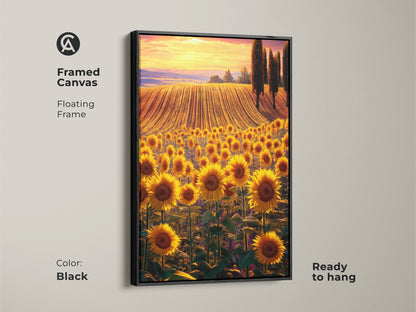 Framed canvas art of a golden sunflower field adds a touch of elegance to your space. A floating black frame enhances the artwork. The piece depicts a vibrant sunflower landscape. It is ready to hang for easy wall decor.