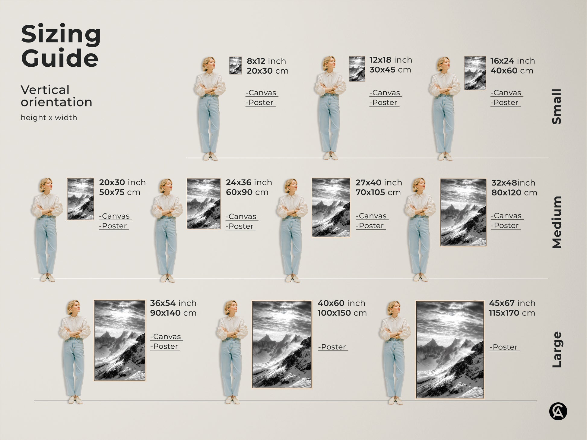 Sizing guide for vertical monochrome mountain art. Find the perfect size for your snowy peaks canvas or poster print. Choose from small medium and large options. Black and white landscape art for any space.