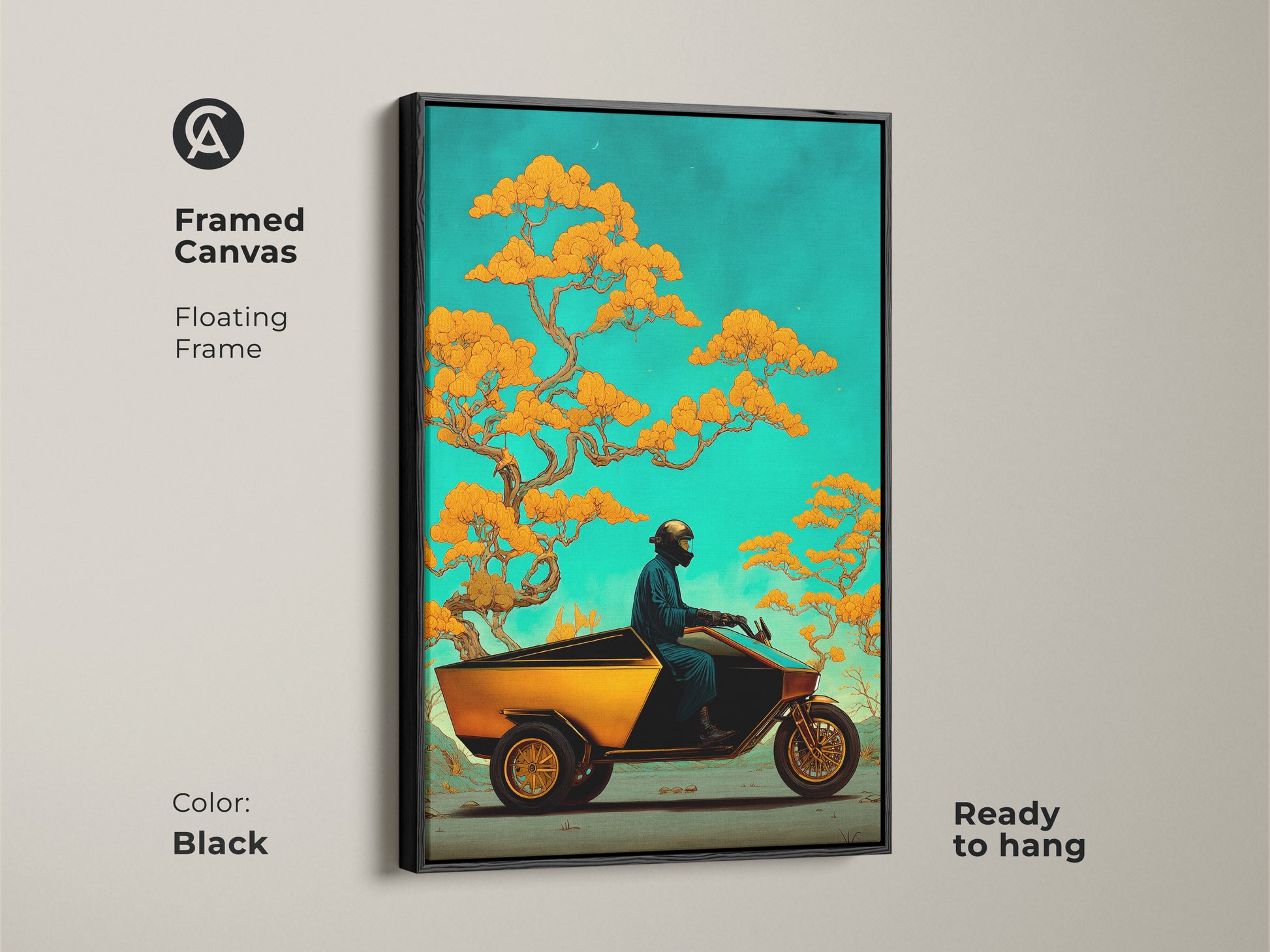 Enhance your space with this framed canvas featuring a surreal trike and bonsai artwork. A black floating frame highlights this orange teal fantasy piece. Ready to hang bringing eclectic adventure decor.