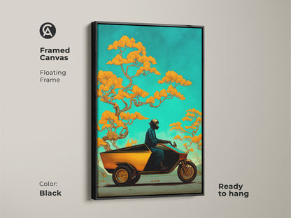 Enhance your space with this framed canvas featuring a surreal trike and bonsai artwork. A black floating frame highlights this orange teal fantasy piece. Ready to hang bringing eclectic adventure decor.
