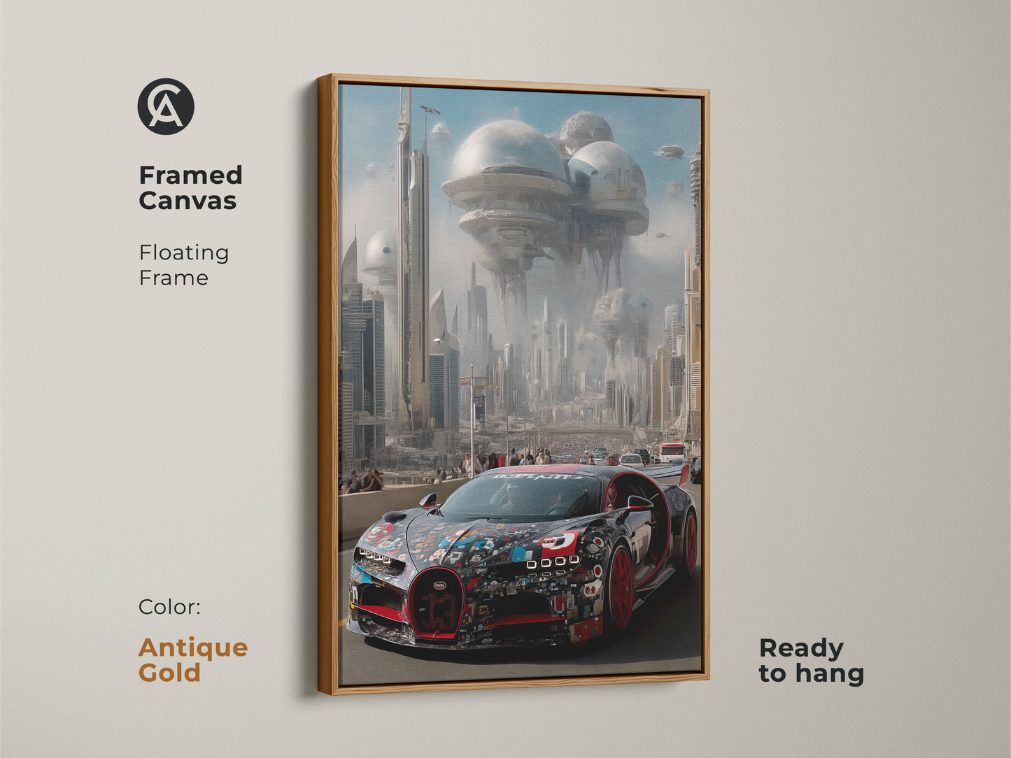 Framed in antique gold this hypercar wall art features a futuristic city. This automotive art print is ready to hang with a floating frame. The supercar is rendered in bold red and black. A unique gift for car enthusiasts the science fiction canvas adds a modern touch to any space.