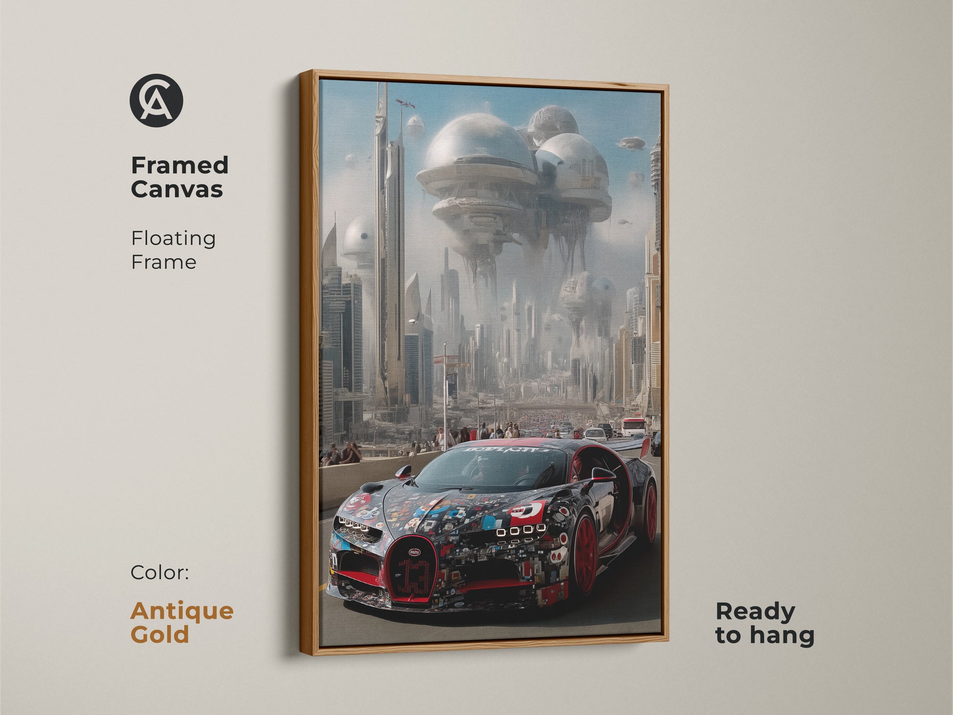 Framed in antique gold this hypercar wall art features a futuristic city. This automotive art print is ready to hang with a floating frame. The supercar is rendered in bold red and black. A unique gift for car enthusiasts the science fiction canvas adds a modern touch to any space.
