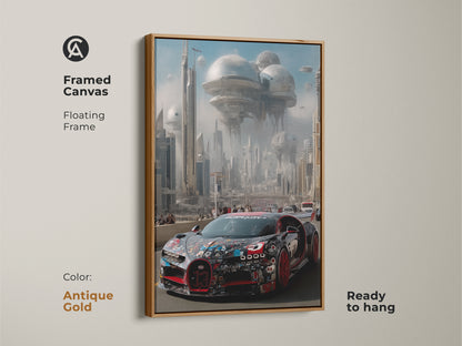 Framed in antique gold this hypercar wall art features a futuristic city. This automotive art print is ready to hang with a floating frame. The supercar is rendered in bold red and black. A unique gift for car enthusiasts the science fiction canvas adds a modern touch to any space.
