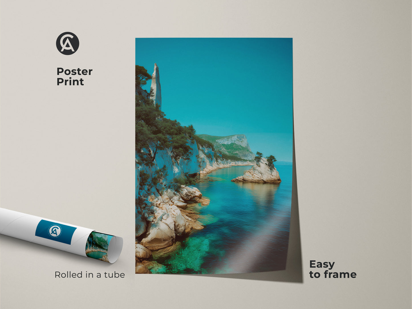 Transform your space with this Azure Ocean Cliff Poster Print. The turquoise coastal artwork captures a serene island scene. Easy to frame this museum-quality paper print brings a calming beach view to any room. A perfect nature-inspired gift for coastal decor lovers.