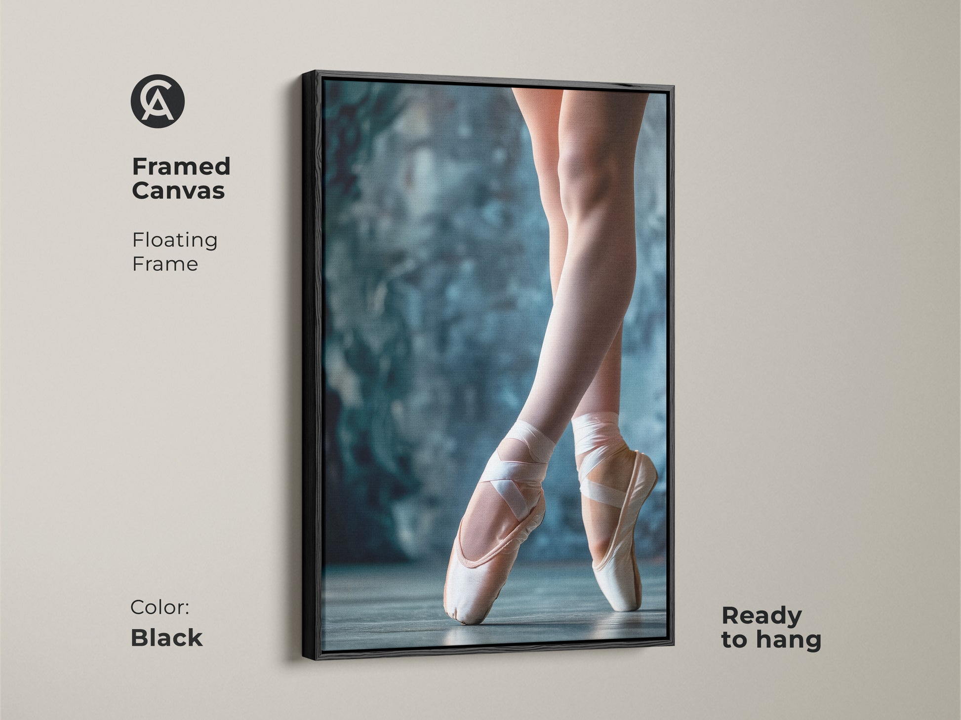 Framed canvas artwork of ballet shoes with a black floating frame. This vertical art piece is ready to hang. The close-up of a ballerina's feet in pointe shoes creates a striking visual.
