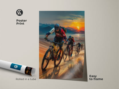 Discover this museum-quality poster print. It features mountain bikers silhouetted against a setting sun. This cyclist action print arrives rolled in a tube ready to frame. The warm colors and dynamic composition make it an ideal gift for adventure sports fans. Add a touch of outdoor excitement to your home.