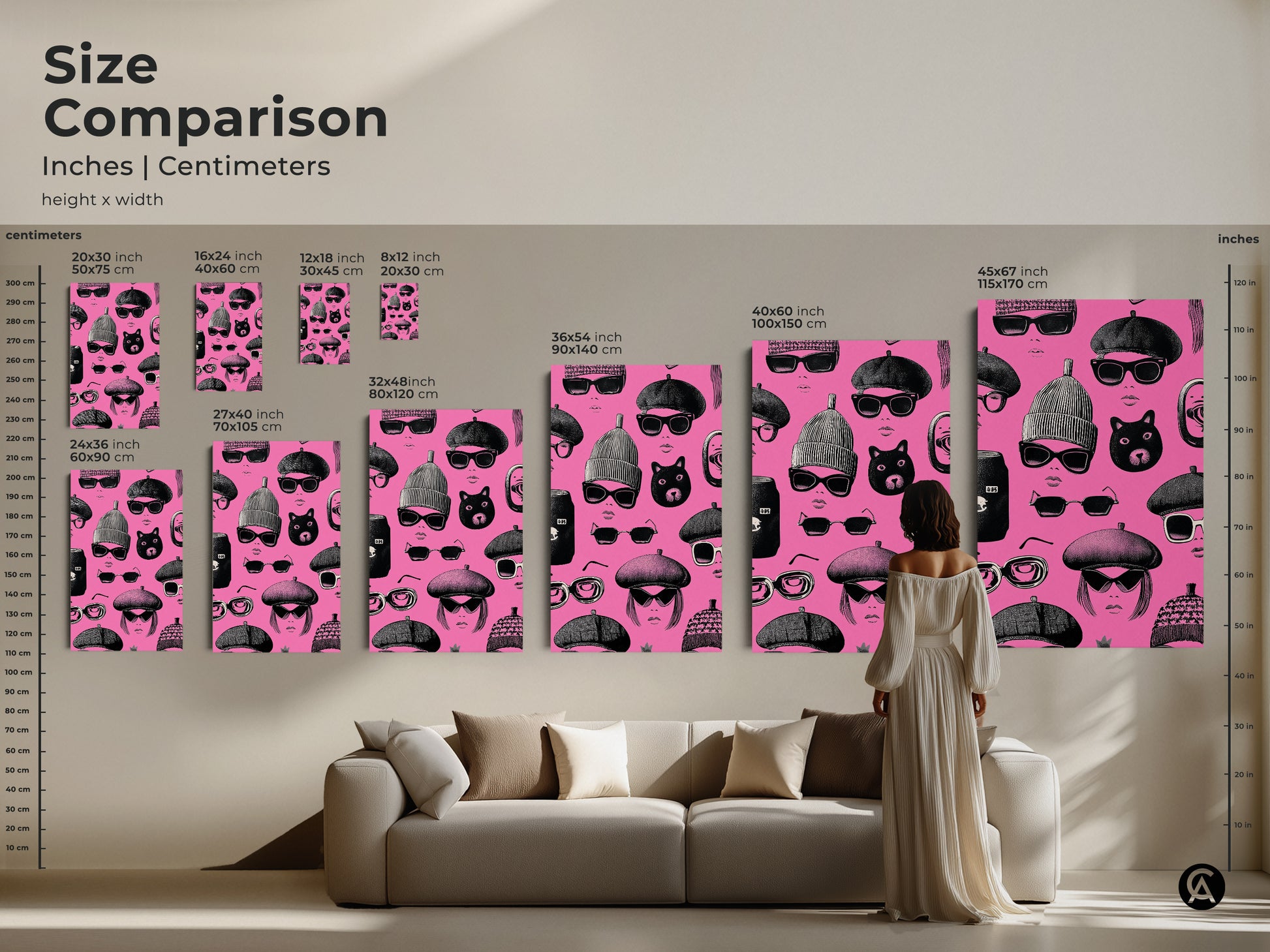 Size comparison of retro pop art. The pink and black faces artwork is shown in various sizes. This eclectic fashion wall art makes a statement in any room. It's a great gift for fashion lovers. The hot pink makes it pop.