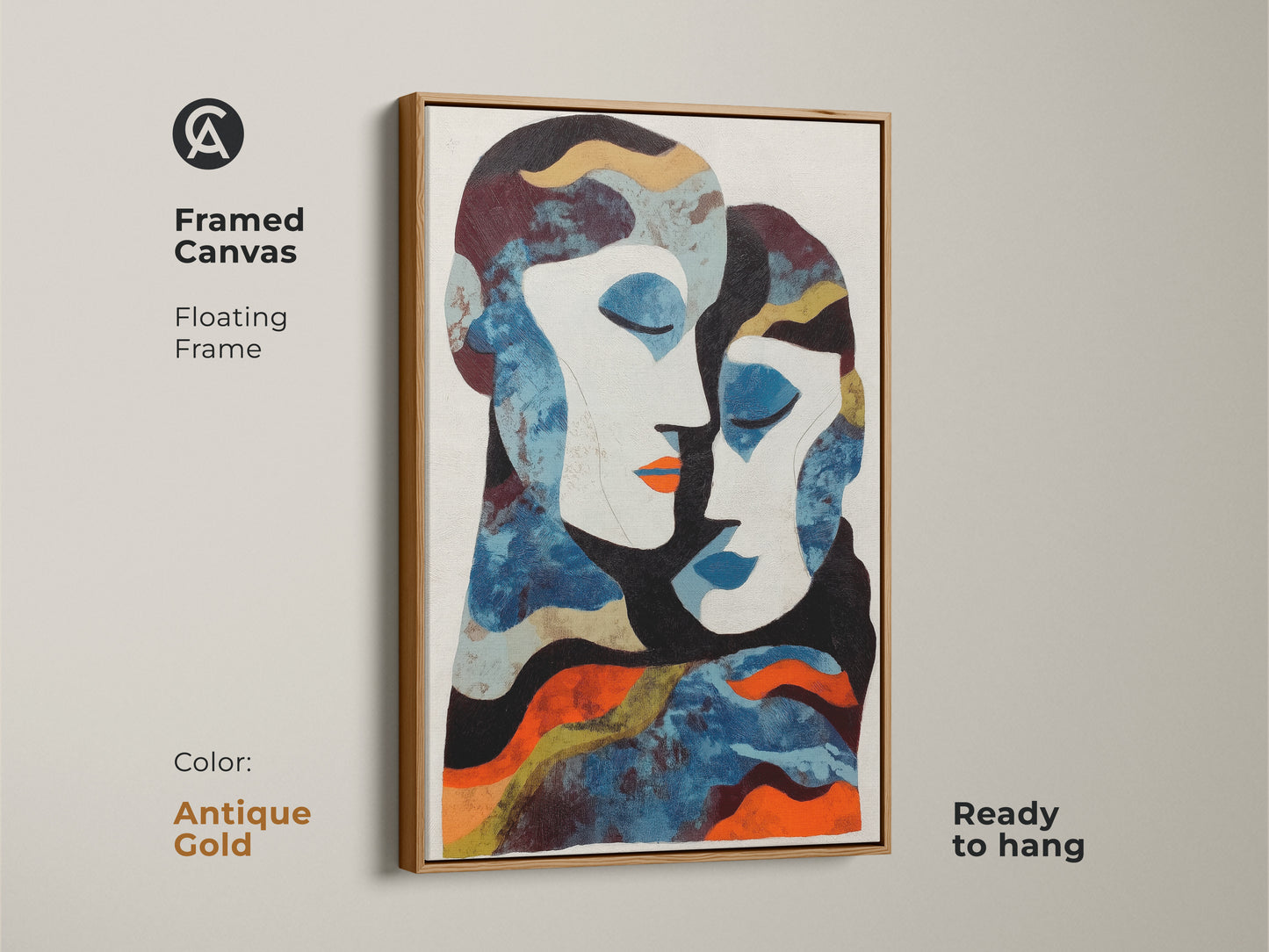 Discover the beauty of connection with this blue orange figurative art. The abstract print makes a statement in any modern bedroom. It’s a thoughtful and unique anniversary gift for couples who love art.