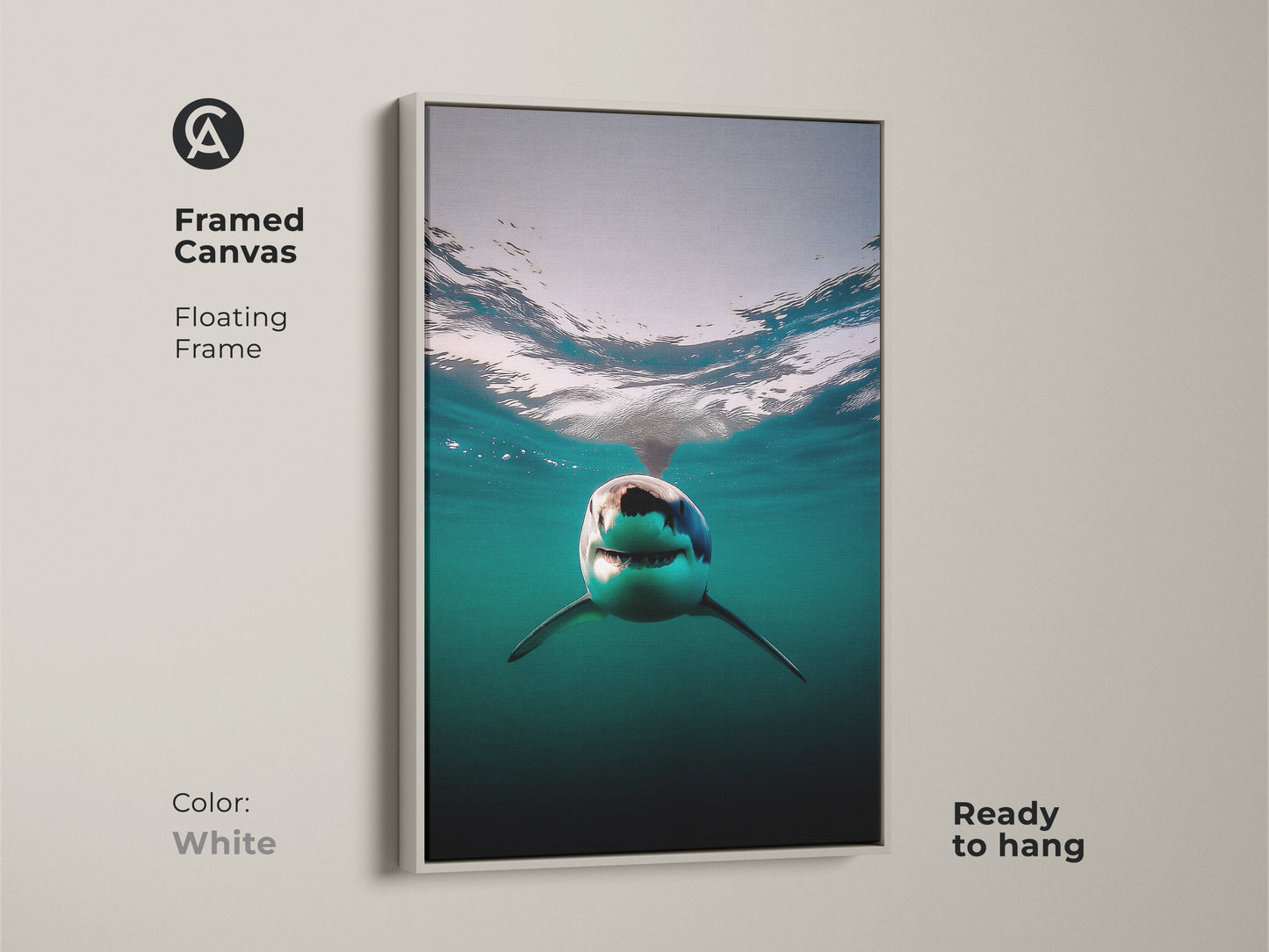 A framed canvas print of a great white shark in its natural habitat. The white floating frame enhances the contemporary underwater scene. This aquatic-themed artwork brings ocean life to your walls. A perfect piece of wildlife art for your home. Get your deep blue sea canvas now.