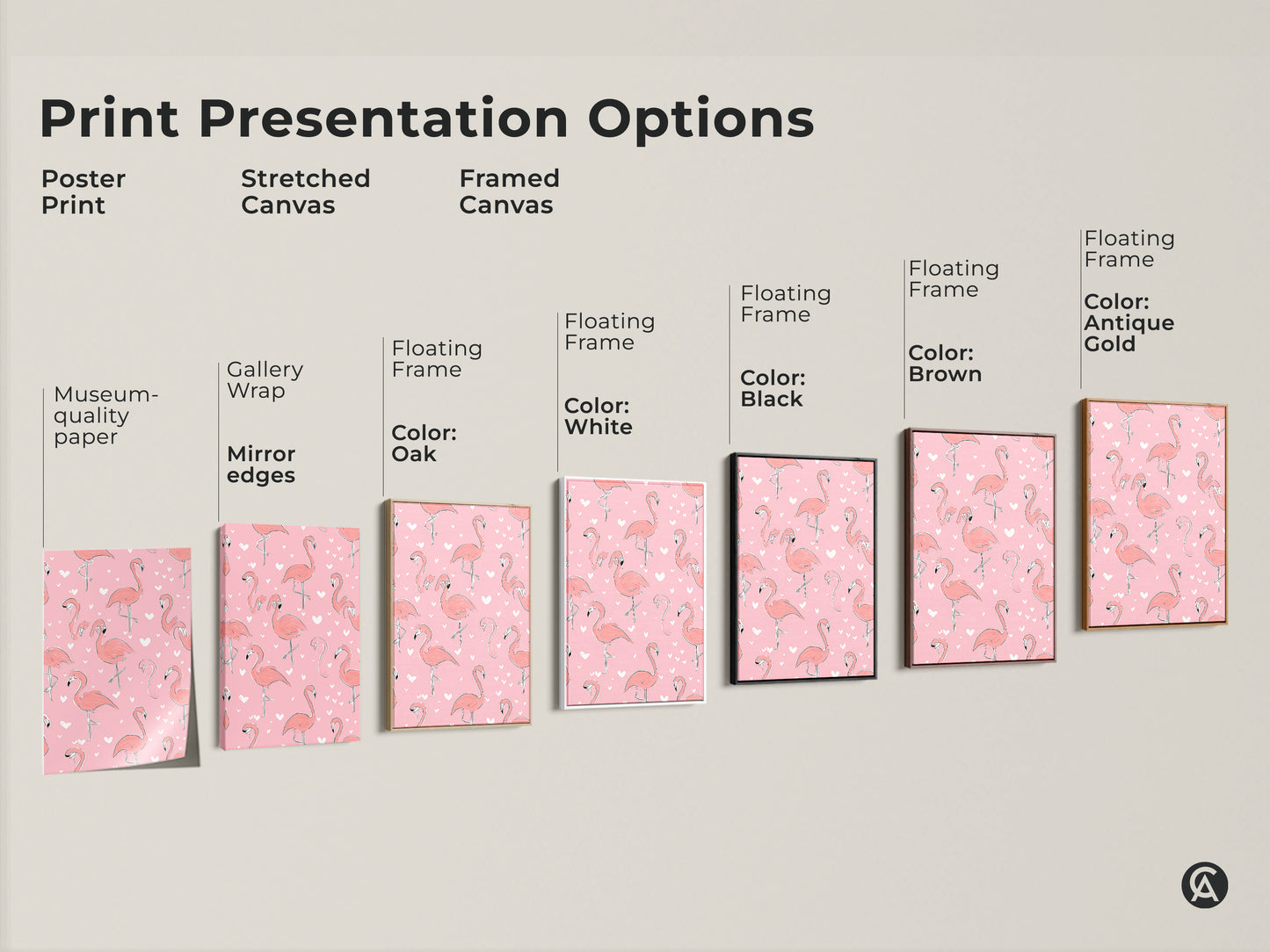 Print presentation options for the pink flamingo artwork. Choose from poster prints stretched canvas and framed canvas. Different floating frame colors black brown white antique gold are available. Find the perfect option to match your home decor style.