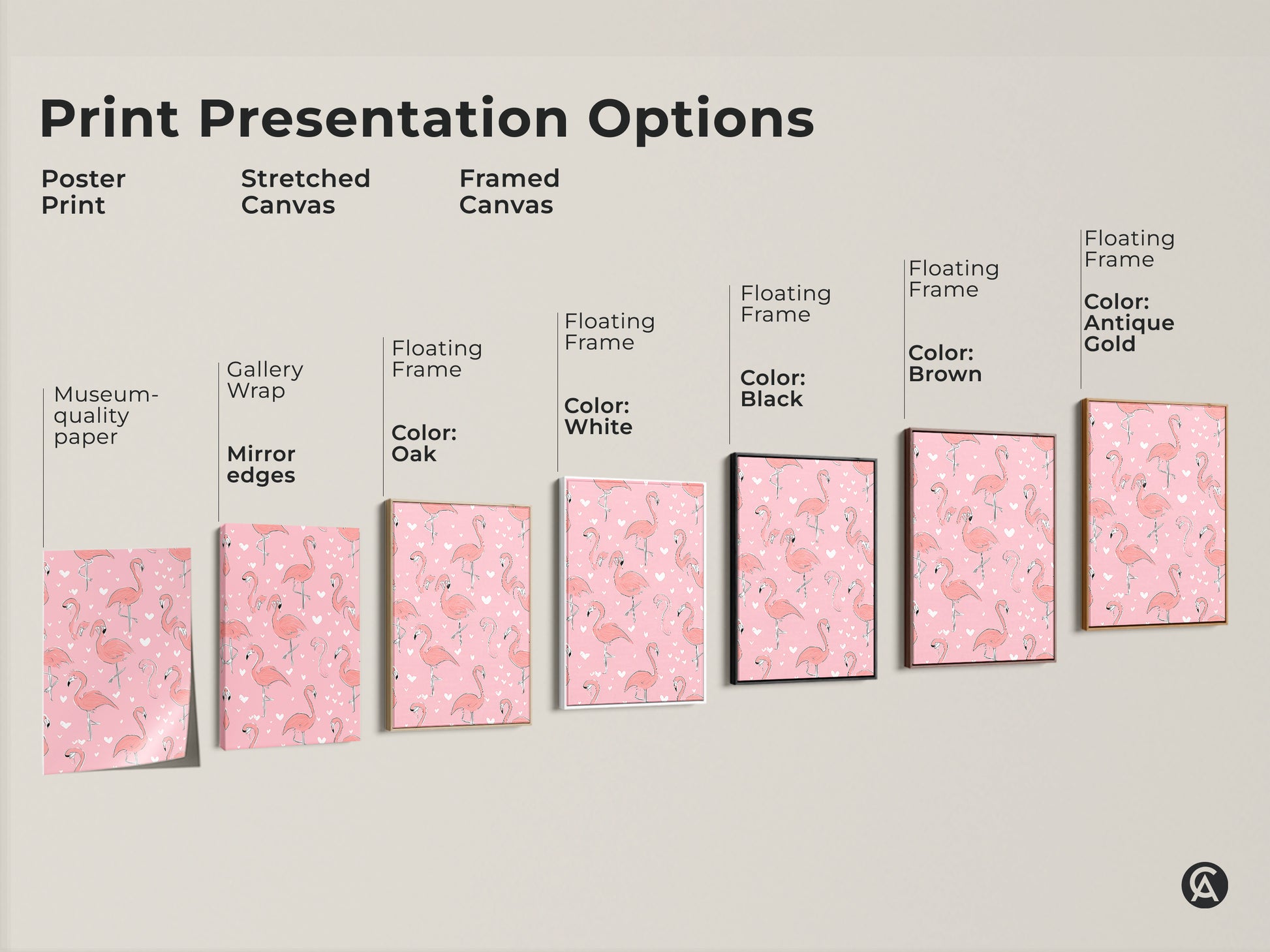 Print presentation options for the pink flamingo artwork. Choose from poster prints stretched canvas and framed canvas. Different floating frame colors black brown white antique gold are available. Find the perfect option to match your home decor style.