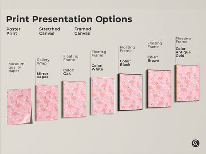 Print presentation options for the pink flamingo artwork. Choose from poster prints stretched canvas and framed canvas. Different floating frame colors black brown white antique gold are available. Find the perfect option to match your home decor style.