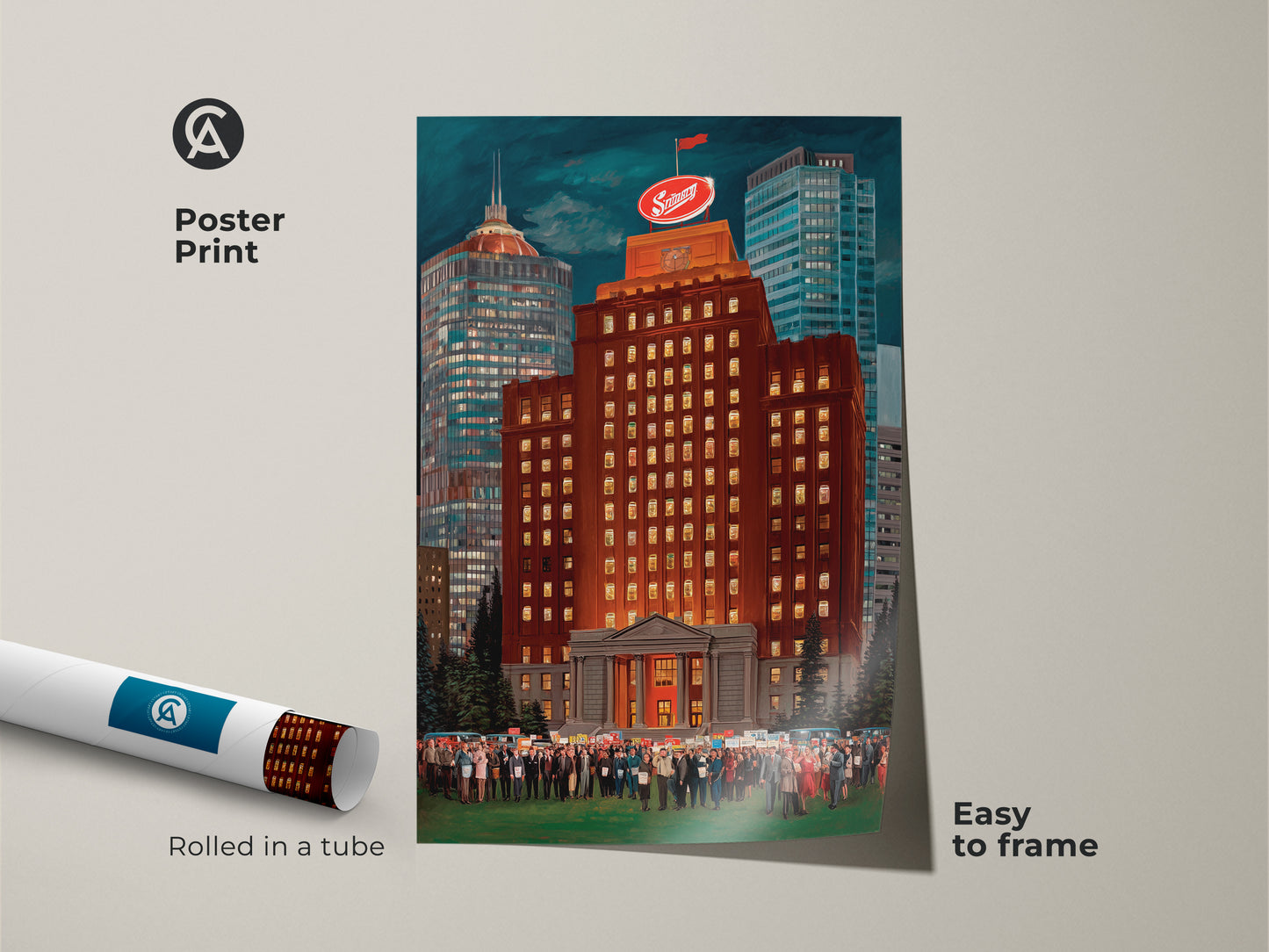 Poster print of a burnt orange and golden yellow skyline. Rolled in a tube this contemporary cityscape artwork is easy to frame. This narrative architecture piece depicts a crowd and city building. Ideal art for a local enthusiast.